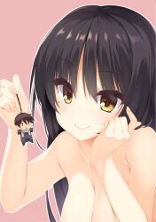Rule 34 | 1girl, absurdres, aria (koiiroharemoyou), armpit crease, bare shoulders, black hair, blush, breasts, c:, cafe stella to shinigami no chou, character doll, charm (object), cleavage, close-up, closed mouth, collarbone, completely nude, eyes visible through hair, fingernails, hair between eyes, hair down, hand on own cheek, hand on own face, hand up, hands up, happy, head rest, highres, large breasts, lips, long hair, looking at object, mole, mole under eye, nude, pink background, shiki natsume, sidelocks, simple background, smile, solo, takamine kousei, textless version, third-party edit, tsurime, yellow eyes