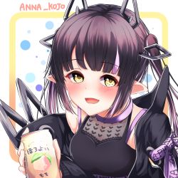 Rule 34 | 1girl, black hair, black jacket, black shirt, blouse, blunt bangs, blush, breasts, can, character name, cleavage, commentary request, dameyoshi, demon girl, demon horns, demon tail, heart, heart print, highres, holding, holding can, horns, jacket, kojo anna, kojo anna (1st costume), long hair, looking at viewer, medium breasts, multicolored hair, nanashi inc., off shoulder, open clothes, open jacket, open mouth, pink hair, pointy ears, print shirt, russian text, see-through, see-through cleavage, see-through shirt, shirt, sleeveless, sleeveless shirt, smile, solo, sugar lyric, tail, twintails, two-tone hair, upper body, virtual youtuber, yellow eyes