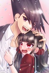 Rule 34 | 1boy, 1girl, ;d, blouse, blunt bangs, blush, bracelet, brown hair, collared shirt, commentary request, danganronpa (series), danganronpa v3: killing harmony, facial hair, fang, goatee, hair ornament, hair scrunchie, hand on another&#039;s head, harukawa maki, jacket, jewelry, long hair, long sleeves, low twintails, mole, mole under eye, momota kaito, one eye closed, open clothes, open mouth, open shirt, red eyes, red scrunchie, red shirt, satori (aosky9077), scrunchie, shirt, smile, spiked hair, teeth, tongue, twintails, upper body, white shirt