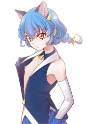 Rule 34 | 1girl, animal ears, blue dress, blue hair, braid, breasts, breasts out, cat ears, dress, elbow gloves, exhibitionism, gloves, highres, looking at viewer, nipples, ogry ching, precure, public indecency, simple background, small breasts, solo, star twinkle precure, white background, yuni (precure)