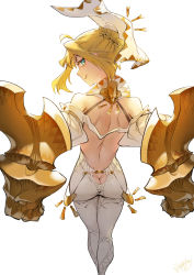 Rule 34 | 1girl, absurdres, ahoge, ass, ass cutout, back, backless outfit, bare shoulders, bleemjay, blonde hair, blush, braid, breasts, butt crack, clothing cutout, detached sleeves, fate/extella, fate/extra, fate (series), french braid, gauntlets, green eyes, hair bun, hair intakes, hair ribbon, highres, large breasts, long hair, looking at viewer, looking back, nero claudius (fate), nero claudius (fate) (all), nero claudius (fate/extra), official alternate costume, pants, ribbon, single hair bun, smile, solo, thighs, white pants