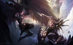 Rule 34 | armor, blonde hair, chenbo, highres, long hair, shield, signature, sword, warcraft, weapon, wings, world of warcraft