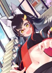 Rule 34 | 1girl, :d, absurdres, animal ear fluff, animal ears, bell, bespectacled, black hair, blush, breasts, commentary request, detached sleeves, fang, glasses, hair ornament, hairclip, highres, hololive, indoors, long hair, long sleeves, looking at viewer, midriff, misono denpachi, multicolored hair, navel, ookami mio, ookami mio (1st costume), open mouth, red hair, skin fang, sleeveless, smile, solo focus, streaked hair, sweat, upper body, virtual youtuber, wolf ears, yellow eyes