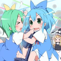 Rule 34 | &gt; &lt;, barefoot, cirno, closed eyes, daiyousei, electric fan, embodiment of scarlet devil, feet, finger in another&#039;s mouth, kareha aki, kirisame marisa, lowres, touhou