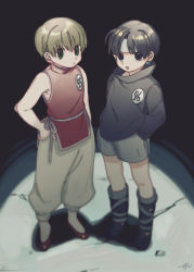 Rule 34 | 2boys, aged down, arm at side, badge, bandaged head, bandages, bare arms, bare shoulders, black footwear, black hair, black shirt, blonde hair, blurry, boots, child, chrollo lucilfer, depth of field, earrings, flats, from above, green eyes, grey shorts, hand on own hip, hands in pockets, hunter x hunter, jewelry, knee boots, light brown hair, long sleeves, looking at viewer, male focus, motakokun, multiple boys, pants, parted bangs, puffy pants, red footwear, red shirt, sash, shalnark, shirt, short hair, shorts, sleeveless, sleeveless shirt, standing, turtleneck