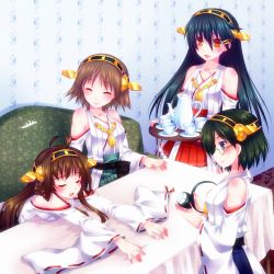 Rule 34 | 10s, 4girls, ahoge, bad id, bad pixiv id, black hair, blue eyes, brown hair, couch, cup, detached sleeves, door to heaven, closed eyes, glasses, green-framed eyewear, green upholstery, hairband, haruna (kancolle), hiei (kancolle), japanese clothes, kantai collection, kirishima (kancolle), kongou (kancolle), multiple girls, nontraditional miko, open mouth, orange eyes, patterned upholstery, searchlight, semi-rimless eyewear, siblings, sisters, smile, table, teacup, teapot, wide sleeves