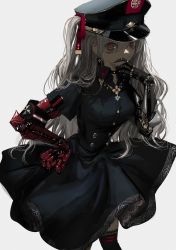 Rule 34 | 1girl, @ @, black dress, black thighhighs, breasts, buttons, double-breasted, dress, grey hair, hair between eyes, hand on own hip, hat, highres, jewelry, long hair, looking at viewer, mechanical arms, military, military hat, military uniform, narue, necklace, original, prosthesis, red eyes, solo, thighhighs, uniform