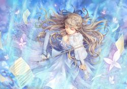 Rule 34 | 1girl, a.tong, blonde hair, blue dress, braid, bug, butterfly, closed eyes, dress, french braid, insect, instrument, long hair, long sleeves, miracle nikki, music, nikki (miracle nikki), playing instrument, standing, violin