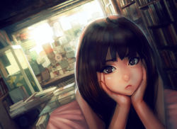 Rule 34 | 1girl, binder, black hair, window blinds, blush, book, bookshelf, brown eyes, closed mouth, commentary, fish, fish tank, hair between eyes, hands on own face, highres, jungon kim, long hair, looking at viewer, original, solo, sunlight, tablet, water, window