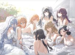Rule 34 | 6+girls, black hair, blonde hair, blue hair, braid, breasts, bridal veil, brown hair, character request, check character, cleavage, commentary request, copyright name, day, dress, elbow gloves, expressionless, french braid, girls&#039; frontline, gloves, hair between eyes, highres, large breasts, looking at viewer, low ponytail, lying, m37 (a long vacation with ithaca) (girls&#039; frontline), m37 (girls&#039; frontline), modare, multiple girls, no bra, official alternate costume, official art, on back, on stomach, ots-14 (destined love) (girls&#039; frontline), ots-14 (girls&#039; frontline), ponytail, promotional art, purple hair, red eyes, shoulder blades, sideboob, smile, type 64 (girls&#039; frontline), type 81 carbine (girls&#039; frontline), type 95 (girls&#039; frontline), type 95 (prairie gentian and her season) (girls&#039; frontline), veil, webley (before sunset) (girls&#039; frontline), webley (girls&#039; frontline), wedding dress, white dress, xm8 (girls&#039; frontline), xm8 (the rose chess player&#039;s confession) (girls&#039; frontline), zb-26 (girls&#039; frontline), zb-26 (the 1000th paper crane) (girls&#039; frontline)