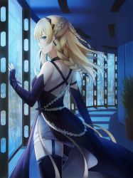 Rule 34 | 0v0 (l seohui), 1girl, absurdres, bad id, bad twitter id, blonde hair, blue eyes, blush, braid, breasts, cowboy shot, dress, earrings, elbow gloves, fingerless gloves, from side, garter straps, girls&#039; frontline, gloves, hair ornament, highres, indoors, jewelry, k5 (destiny waltz) (girls&#039; frontline), k5 (girls&#039; frontline), long hair, looking at viewer, medium breasts, official alternate costume, purple dress, purple gloves, sidelocks, single leg pantyhose, single thighhigh, solo, thighhighs