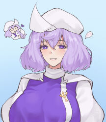 1girl aroevela breasts bright_pupils chibi chibi_inset commentary english_commentary hat heart hug lapel_pin large_breasts letty_whiterock looking_at_viewer purple_eyes smile spoken_blush sukusuku_hakutaku touhou upper_body white_hat white_pupils