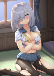 Rule 34 | 1girl, black pantyhose, black sailor collar, blouse, blue eyes, blue skirt, blush, breasts, cleavage, closed mouth, collarbone, covering privates, covering breasts, embarrassed, eyes visible through hair, gloves, grey hair, hair ornament, hair over one eye, hairclip, hamakaze (kancolle), highres, kantai collection, large breasts, looking at viewer, navel, neckerchief, on floor, panties, panties under pantyhose, pantyhose, sailor collar, school uniform, serafuku, shirt, short hair, sitting, skirt, solo, tatami, torn clothes, torn pantyhose, torn shirt, tsukimoto reiji, underwear, wariza, white gloves, white shirt, window, yellow neckerchief