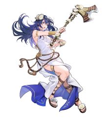 Rule 34 | 1girl, armlet, axe, bare shoulders, blue eyes, blue hair, bracelet, dress, feet, female focus, fire emblem, fire emblem awakening, fire emblem heroes, flower, full body, hair flower, hair ornament, highres, holding, holding axe, holding weapon, jewelry, long dress, long hair, lucina (fire emblem), lucina (valentine) (fire emblem), matching hair/eyes, nintendo, non-web source, official art, open mouth, sleeveless, solo, thigh strap, thighlet, toeless footwear, toes, transparent background, weapon, white dress