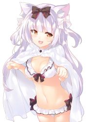 Rule 34 | 1girl, :3, :d, animal ears, azur lane, bikini, bikini skirt, black bow, black ribbon, blush, bow, breasts, brown eyes, cat ears, cleavage, cloak, commentary request, cowboy shot, fang, fingernails, front-tie bikini top, front-tie top, groin, hair bow, hair ribbon, half-closed eyes, hands up, highres, long hair, looking at viewer, mayusaki yuu, medium breasts, microskirt, navel, open mouth, paw pose, ribbon, shiny skin, side-tie bikini bottom, sidelocks, silver hair, simple background, skirt, smile, solo, standing, stomach, swimsuit, two side up, white background, white bikini, white bow, white cloak, white ribbon, yukikaze (azur lane)