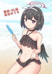 Rule 34 | 1girl, :q, bare arms, bare shoulders, bikini, black bikini, black choker, black hair, black wings, blue archive, choker, closed mouth, collarbone, commentary request, feathered wings, food, frilled bikini, frills, hair ribbon, hairband, halo, halterneck, highres, holding, holding food, low wings, mashiro (blue archive), mashiro (swimsuit) (blue archive), navel, ocean, popsicle, purple eyes, ribbon, rumiya9i, smile, solo, swimsuit, tongue, tongue out, translation request, water, white hairband, white ribbon, winged halo, wings