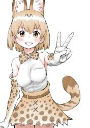 Rule 34 | 1girl, absurdres, animal ears, bare shoulders, blonde hair, blush, bow, bowtie, commentary request, cowboy shot, earthisfire, elbow gloves, extra ears, gloves, high-waist skirt, highres, kemono friends, looking at viewer, print bow, print bowtie, print gloves, print neckwear, print skirt, serval (kemono friends), serval print, serval tail, shirt, short hair, skirt, sleeveless, smile, solo, tail, traditional bowtie, v, white shirt, yellow eyes