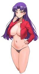 Rule 34 | 1girl, :q, absurdres, breasts, brown eyes, commentary, cropped jacket, earrings, highres, jacket, jewelry, katsuragi misato, kiritzugu, large breasts, long hair, looking at viewer, navel, neon genesis evangelion, no bra, open clothes, open jacket, panties, purple hair, red jacket, revision, simple background, smile, solo, tongue, tongue out, underwear, white background
