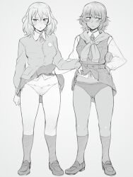 Rule 34 | 2girls, andou (girls und panzer), arm at side, bc freedom school uniform, belt, blush, bow, bow panties, breasts, closed mouth, clothes lift, collared shirt, commentary request, diagonal-striped clothes, diagonal-striped necktie, dress shirt, em (totsuzen no hakike), full body, girls und panzer, gluteal fold, groin, hair between eyes, hand on own thigh, jacket, kneehighs, lifting another&#039;s clothes, loafers, long sleeves, looking to the side, medium breasts, medium hair, monochrome, multiple girls, navel, necktie, oshida (girls und panzer), panties, pantyshot, pleated skirt, school uniform, serafuku, shirt, shoes, short hair, simple background, skirt, skirt lift, socks, standing, striped clothes, striped necktie, sweatdrop, sweater around neck, thighs, underwear, vest