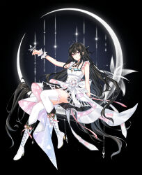 Rule 34 | 1girl, ahoge, arm support, back bow, bai winchester, black background, black bow, black hair, boots, bow, breasts, bug, butterfly, butterfly on hand, closers, crescent, cross-laced footwear, cross tie, detached collar, dress, dress bow, ear ornament, expressionless, flower, footwear bow, frilled bracelet, full body, hair between eyes, hair bow, heterochromia, high heel boots, high heels, highres, insect, knee boots, lace, lace-trimmed legwear, lace-up boots, lace trim, long hair, medium breasts, official art, outstretched arm, pink bow, pink eyes, purple eyes, short dress, sitting, sleeveless, sleeveless dress, solo, striped clothes, striped dress, tachi-e, thighhighs, vertical-striped clothes, vertical-striped dress, very long hair, white bow, white butterfly, white dress, white flower, white footwear, white thighhighs