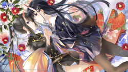 Rule 34 | 2girls, aiguillette, azur lane, black coat, black hair, black legwear, blue shirt, blue skirt, breasts, closed mouth, coat, commentary, cowboy shot, earrings, english commentary, epaulettes, expressionless, face-to-face, floating hair, floral print, flower, from above, glint, hair ornament, hairclip, half updo, highres, holding hands, horns, interlocked fingers, jacket, jacket on shoulders, japanese clothes, jewelry, kimono, logo, long hair, looking at viewer, lying, medium breasts, military, military uniform, miniskirt, multiple girls, noshiro (azur lane), off shoulder, official art, on side, oni horns, orange kimono, pantyhose, pleated skirt, ponytail, purple eyes, ryuuhou (azur lane), sailor collar, school uniform, second-party source, serafuku, shirt, shotgunman, skirt, straight hair, thighs, unbuttoned, uniform, watermark, x hair ornament