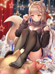 Rule 34 | + +, 1girl, animal ears, black thighhighs, blonde hair, blue nails, breasts, brown sweater, christmas, cleavage, closed mouth, curtains, feet, food, fox ears, fox girl, fox tail, healing luka, highres, holding, holding paper, indoors, lf (paro), long hair, long sleeves, looking at viewer, nail polish, nightgown, original, panties, paper, pink panties, red eyes, sitting, smile, solo, sweater, tail, thighhighs, toes, underwear, virtual youtuber, window