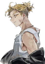 Rule 34 | 1boy, black jacket, blonde hair, boku no hero academia, earrings, hawks (boku no hero academia), jacket, jewelry, kadeart, male focus, medium hair, open clothes, simple background, solo, tank top, thick eyebrows, white background, white tank top, yellow eyes