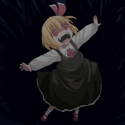 Rule 34 | 1girl, :d, ascot, black skirt, blonde hair, bow, dark, darkness, dress shirt, empty eyes, eyebrows, fangs, floating, from above, hair bow, hair ribbon, highres, long sleeves, looking up, no pupils, open mouth, open palms, outstretched arms, red bow, red eyes, red footwear, red ribbon, ribbon, rumia, shirt, shoes, short hair, skirt, skirt set, smile, solo, spread arms, touhou, vest, yatani (do9z)