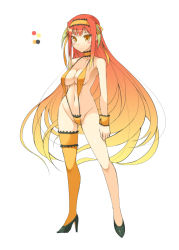 Rule 34 | 1girl, bare shoulders, black footwear, blush, choker, closed mouth, color guide, contrapposto, full body, gradient hair, headband, high heels, long hair, looking at viewer, monster hunter (series), multicolored hair, ohta yuichi, one-piece swimsuit, orange choker, orange eyes, orange one-piece swimsuit, orange thighhighs, personification, red hair, sand barioth, simple background, single thighhigh, slingshot swimsuit, solo, standing, swimsuit, thighhighs, white background, wrist cuffs