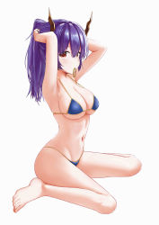 Rule 34 | 1girl, absurdres, arknights, barefoot, bikini, blue bikini, breasts, ch&#039;en (arknights), cleavage, collarbone, dragon horns, highleg, highleg bikini, highleg swimsuit, highres, horns, large breasts, long hair, looking at viewer, mouth hold, navel, orange eyes, ponytail, purple hair, rubber band, simple background, sitting, solo, swimsuit, tshen1998, wariza, white background