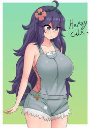 Rule 34 | 1girl, @ @, absurdres, ahoge, alternate breast size, breasts, closed mouth, collarbone, cosplay, creatures (company), english text, flower, game freak, hair flower, hair ornament, hairband, hex maniac (pokemon), highres, large breasts, long hair, mallow (pokemon), mallow (pokemon) (cosplay), messy hair, nintendo, overalls, pokemon, pokemon sm, pokemon xy, purple eyes, purple hair, shorts, simple background, solo, standing, the only shoe