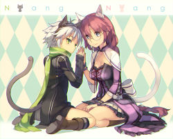 Rule 34 | 2girls, animal ears, argyle, argyle background, argyle clothes, blue eyes, boots, bow, breasts, cat ears, cat tail, cleavage, coat, dress, eiyuu densetsu, emma millstein, falcom, fie claussell, glasses, green eyes, holding hands, karpin, long hair, long sleeves, looking at viewer, looking back, medium breasts, multiple girls, purple dress, purple hair, scarf, sen no kiseki, short hair, silver hair, sitting, socks, spiked hair, striped clothes, striped legwear, striped socks, tail, wariza, wrist cuffs