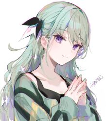 Rule 34 | 1girl, absurdres, black ribbon, black shirt, chromatic aberration, flipped hair, fuzichoco, green nails, green sweater, grey hair, hair ribbon, hands up, highres, kusanagi nene, long hair, looking at viewer, project sekai, purple eyes, ribbon, shirt, signature, simple background, smile, solo, star (symbol), steepled fingers, sweater, upper body, white background, zozotown