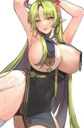 Rule 34 | 1girl, absurdres, areola slip, aristeia pacificator, armpits, arms up, azur lane, breasts, broken horn, cleavage, cosplay, demon girl, demon horns, earrings, facial tattoo, forehead, green eyes, green hair, highres, horns, indie virtual youtuber, jewelry, jintianhuahualema, large breasts, multicolored hair, o-ring, original, pointy ears, red eyes, sidelocks, simple background, sirius (azur lane), sirius (azure horizons) (azur lane), solo, sweat, tattoo, thighhighs, two-tone hair, virtual youtuber, white background