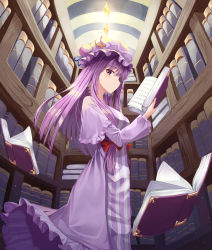 Rule 34 | 1girl, absurdres, blue ribbon, book, bookshelf, bow, breasts, capelet, ceiling light, commentary, crescent, crescent pin, expressionless, floating, floating book, floating object, from side, hair bow, hat, hat ribbon, highres, holding, holding book, k.j., large breasts, long hair, looking at viewer, mob cap, open book, patchouli knowledge, purple eyes, purple hair, red bow, ribbon, solo, touhou, wide sleeves