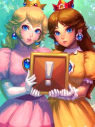 Rule 34 | !, 2girls, bellhenge, blonde hair, blue eyes, box, brown hair, crown, dress, earrings, elbow gloves, gloves, highres, jewelry, long hair, looking at viewer, mario (series), md5 mismatch, multiple girls, nintendo, parted lips, princess daisy, princess peach, puffy sleeves, resized, resolution mismatch, smile, source smaller, super mario bros. 1, super mario land, upper body, upscaled, white gloves