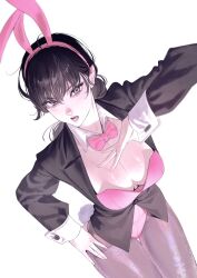 Rule 34 | 1girl, animal ears, black coat, black hair, bow, bowtie, breasts, chainsaw man, cleavage, coat, detached collar, fake animal ears, fake tail, hand on own hip, headband, highres, large breasts, leotard, long hair, looking at viewer, low twintails, mitaka asa, open mouth, pantyhose, pink bow, pink bowtie, pink leotard, playboy bunny, rabbit ears, rabbit tail, simple background, solo, strapless, strapless leotard, tail, thigh gap, twintails, wengwengchim, white background