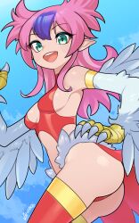 Rule 34 | 1girl, absurdres, animal hands, ass, breasts, claws, duel monster, feathers, green eyes, hand on own hip, harpie cielo, harpy, highres, long hair, looking at viewer, medium breasts, monster girl, multicolored hair, open mouth, pink feathers, pink hair, pointy ears, purple hair, red thighhighs, ryuusui arumo, solo, teeth, thighhighs, two-tone hair, upper teeth only, white feathers, white wings, winged arms, wings, yu-gi-oh!, yu-gi-oh! rush duel