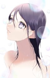 Rule 34 | 1girl, bad id, bad twitter id, blurry, blurry foreground, bubble, depth of field, hair between eyes, highres, long hair, looking up, mole, mole on neck, nude, original, parted lips, pink lips, purple eyes, purple hair, sogawa, solo, upper body, wet, wet hair