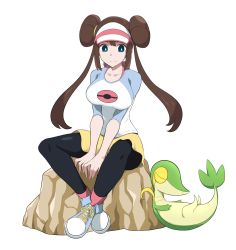 Rule 34 | 1girl, black pantyhose, blue eyes, bow, breasts, brown hair, creatures (company), danut, double bun, game freak, gen 5 pokemon, hair bun, highres, large breasts, legs, long hair, looking at viewer, nintendo, pantyhose, pantyhose under shorts, pink bow, pokemon, pokemon (creature), pokemon bw2, raglan sleeves, rock, rosa (pokemon), shoes, short shorts, shorts, sitting, sneakers, snivy, thighs, twintails, very long hair, visor cap, white background, yellow shorts