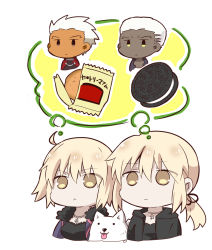 Rule 34 | 2boys, 2girls, :&lt;, :3, :p, ahoge, archer (fate), artoria pendragon (all), artoria pendragon (fate), black jacket, black shirt, blonde hair, breasts, cavall the 2nd, chibi, closed mouth, coat, commentary request, cookie, cross, cross necklace, dark-skinned male, dark persona, dark skin, dog, dual persona, emiya alter, empty eyes, expressionless, fate/grand order, fate (series), food, fur-trimmed coat, fur collar, fur trim, highres, jacket, jeanne d&#039;arc (fate), jeanne d&#039;arc (ruler) (fate), jeanne d&#039;arc alter (fate), jeanne d&#039;arc alter (ver. shinjuku 1999) (fate), jewelry, jitome, long hair, low ponytail, medium breasts, multiple boys, multiple girls, necklace, official alternate costume, open clothes, open jacket, oreo, pendant, ponytail, saber (fate), saber alter, saber alter (ver. shinjuku 1999) (fate), shared thought bubble, shirt, short hair, simple background, solid circle eyes, thinking, thought bubble, tongue, tongue out, tsuchiya madose, upper body, very dark skin, white background, white hair, wrapper, yellow eyes