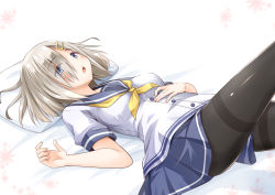 Rule 34 | 10s, 1girl, black pantyhose, blue eyes, blue skirt, blush, breasts, buttons, eyes visible through hair, fujishima shinnosuke, hair ornament, hair over one eye, hairclip, hamakaze (kancolle), hand on own stomach, kantai collection, large breasts, lying, neckerchief, no gloves, on back, open mouth, pantyhose, pillow, pleated skirt, school uniform, serafuku, short hair, silver hair, skirt, solo, thighband pantyhose, yellow neckerchief