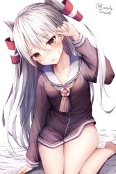 Rule 34 | 1girl, amatsukaze (kancolle), bare legs, barefoot, black dress, blush, brown eyes, collarbone, dress, hair between eyes, hair tubes, highres, kantai collection, long hair, long sleeves, looking at viewer, open mouth, sailor collar, sailor dress, silver hair, simple background, solo, tateishi kureha, twitter username, two side up, white background, white sailor collar