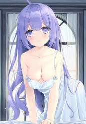 Rule 34 | 1girl, ahoge, all fours, azur lane, bed sheet, breasts, cleavage, closed mouth, commentary request, curtains, dress, hair between eyes, highres, long hair, looking at viewer, medium breasts, purple eyes, purple hair, satsuki yukimi, smile, solo, strap slip, sundress, transparent, unicorn (azur lane), very long hair, white dress, window