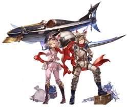Rule 34 | 10s, 1boy, 1girl, aircraft, animal hat, ass, blonde hair, blue gloves, boots, brown eyes, brown hair, djeeta (granblue fantasy), finger gun, from behind, full body, gloves, goggles, goggles on head, gran (granblue fantasy), granblue fantasy, hand on own hip, hat, jacket, knee boots, looking at viewer, looking back, midriff, minaba hideo, official art, one eye closed, open clothes, open jacket, racing suit, red scarf, scarf, short hair, smile, transparent background