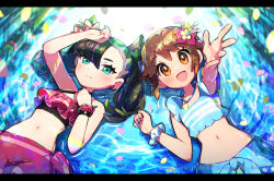 Rule 34 | 2girls, :d, arm up, asymmetrical bangs, black hair, blue sarong, blue shirt, blush, bracelet, brown eyes, brown hair, closed mouth, commentary request, creatures (company), eyelashes, flower, game freak, gloria (pokemon), gloria (summer 2021) (pokemon), green eyes, hair flower, hair ornament, highres, jewelry, letterboxed, looking at viewer, marnie (pokemon), marnie (summer 2021) (pokemon), midriff, multiple girls, naoto (yandereheaven), navel, necklace, nintendo, official alternate costume, open mouth, petals, pink flower, pokemon, pokemon masters ex, purple flower, sarong, scrunchie, shirt, sleeveless, sleeveless shirt, smile, swimsuit, wrist scrunchie