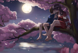 Rule 34 | 1boy, 1girl, bare legs, barefoot, blue shirt, blue shorts, breasts, brown hair, cherry blossoms, cleavage, closed mouth, collarbone, collared shirt, couple, dress, full moon, gegege no kitarou, hair down, hetero, highres, holding another&#039;s hair, imminent kiss, in tree, kitarou, long hair, long sleeves, medium breasts, moon, nekomusume, nekomusume (gegege no kitarou 6), night, open mouth, outdoors, purple hair, red dress, shirt, shorts, silanduqiaocui, sitting, sitting in tree, tree, wing collar