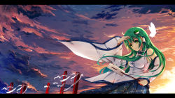 Rule 34 | 1girl, baisi shaonian, bug, butterfly, cloud, cloudy sky, detached sleeves, frog, frog hair ornament, gohei, green eyes, green hair, hair ornament, bug, kochiya sanae, letterboxed, long hair, long sleeves, looking at viewer, matching hair/eyes, oonusa, pillar, shirt, skirt, sky, snake hair ornament, solo, sunset, touhou, very long hair, wide sleeves, wind