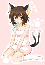 Rule 34 | 1girl, animal ears, bad id, bad pixiv id, bare shoulders, bloomers, brown eyes, brown hair, camisole, cat ears, cat girl, cat tail, chen, earrings, eku, female focus, food, highres, jewelry, kneehighs, mouth hold, multiple tails, popsicle, short hair, simple background, single earring, sitting, socks, solo, tail, touhou, underwear, underwear only, wariza, white bloomers, white socks