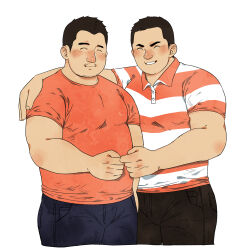 Rule 34 | 2boys, :3, ^ ^, absurdres, bara, belly, black pants, blush, bulge, closed eyes, collared shirt, couple, cropped legs, daisukebear, denim, fat, fat man, fist bump, hand on another&#039;s shoulder, highres, jeans, male focus, multiple boys, nose blush, original, pants, pectorals, rugby uniform, shirt, short hair, sideburns, sportswear, t-shirt, thighs, white background, yaoi